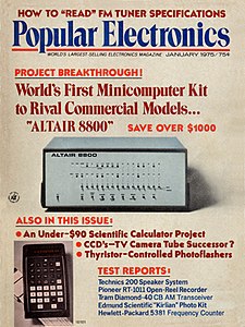 שער גיליון חג המולד של 1974 של Popular Electronics, עם פרויקט האלטייר. (הדגם שמופיע בתמונה הוא Mock-Up, למעשה קופסה ריקה, אחרי שהאבטיפוס הראשון אבד במשלוח)