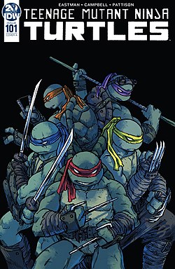 צבי הנינג'ה, כפי שהופיעו על עטיפת החוברת Teenage Mutant Ninja Turtles #101 בהוצאת IDW Publishing מינואר 2020. אמנות מאת סופי קמפבל.
