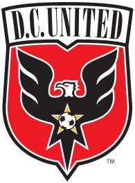 A shield with stylized black eagle facing left on a red field under the words "D.C. United". On the eagles chest is a red star with a soccer ball.