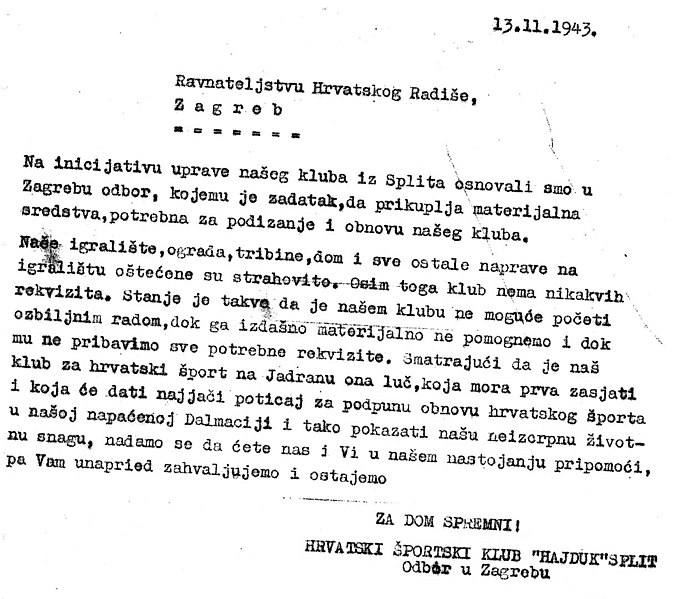 Datoteka:Dopis iz HŠK Hajduk Split Ravnateljstvu Hrvatskog radiše 13. studenoga 1943.jpeg