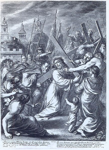 Datoteka:Grégoire Huret - Theatrum dolorum... - XVII list (Krist i Šimun Cirenac nose križ).jpg