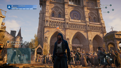 Arno Victor Dorian az Assassin’s Creed Unity játékból, háttérben a párizsi Notre Dame