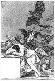 "Tidurnya Pikiran menciptakan monster-monster" etsa dan aquatint karya Francisco Goya