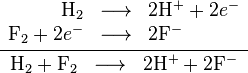 \frac{\begin{array}{rcl}<br /><br />
\mathrm{H}_{2} & \longrightarrow & 2\mathrm{H}^{+} + 2e^{-}\\<br /><br />
\mathrm{F}_{2} + 2e^{-} & \longrightarrow & 2\mathrm{F}^{-}<br /><br />
\end{array}}{\begin{array}{rcl}<br /><br />
\mathrm{H}_{2} + \mathrm{F}_{2} & \longrightarrow & 2\mathrm{H}^{+} + 2\mathrm{F}^{-}<br /><br />
\end{array}}” /></dd>
</dl>
<p>Dan ion-ion akan bergabung membentuk hidrogen fluorida:</p>
<dl>
<dd><img src=