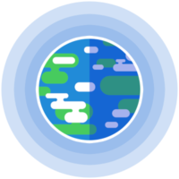 Bola biru dengan garis-garis putih dan hijau di atasnya, dikelilingi oleh lingkaran cahaya biru yang lebih terang.