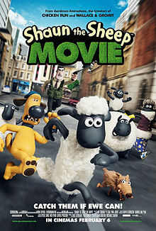 Poster film yang menampilkan Shaun, Bitzer, Timmy, Slip, Shirley, dan domba lainnya sedang berlari, dan Trumper menangkap mereka.