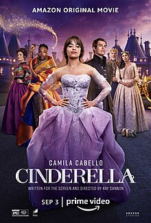 Cinderella in purple ballgown, flanked by the other main characters behind her