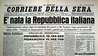 Prima pagina del quotidiano il Corriere della Sera, edizione dell'11 giugno 1946, che dichiarava la vittoria del voto repubblicano a seguito dei risultati del referendum istituzionale del 2 e 3 giugno.