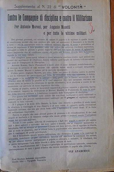 File:Settimana Rossa - Volontà, pubblicazione anarchica di Ancona che indice la manifestazione antimilitarista del 7 giugno 1914.jpg