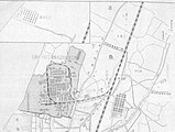 1958年（昭和33年）当時の魚津駅及び日本カーバイド株式会社魚津工場周辺の地図。工場内において専用線が環状になっているのが確認できる