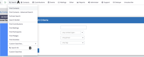 Figure 1: Locating SearchKit under the search Options on CiviCRM UI