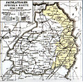 Jaunlatgales apriņķa karte ar dzeltenā krāsā iezīmētu Jaunlatgales (Abrenes) pilsētu un sešiem pagastiem, ko 1944. gadā pievienoja KPFSR
