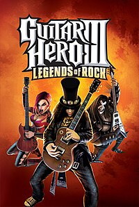 Guitar Hero III: Legends of Rock vāks, ar Slash vidū, un diviem izdomātiem ģitāristiem Džūdiju Neilsu kreisajā un Larsu Ūmlautu labajā.