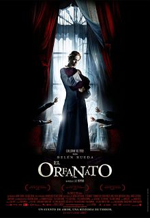 Movie poster illustrating Laura cradling a baby covered in cloth in a dark room in front of a bright window. Five small hands are seen covering the window from the darkness. Text Text at the bottom of the poster reveals the original Spanish title, production credits and release date.