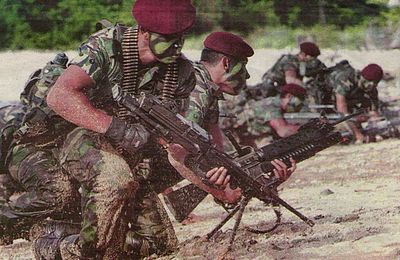 Anggota-anggota elit 10 Briged Para semasa operasi menggempur lokasi pengganas semasa latihan Ops Pasir di Pulau Berhala, Sabah pada 13 November 2007. Anggota hadapan didapati bersenjatakan mesingan FN Minimi.