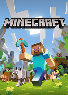 The default player skin, Steve, running across a grassy plain while carrying a Iron pickaxe. Alongside him is a tamed wolf. In the background, there is a pig, a chicken, a cow, a skeleton, a zombie, and a creeper. Mountains and cliffs fill the background, and the sky is blue, filled with clouds. Hovering over the scene is the Minecraft logo.