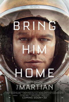 The tired and worn face of a man wearing a space suit, with the words "Bring Him Home" overlayed in white lettering. In smaller lettering the name "Matt Damon" and the title "The Martian"