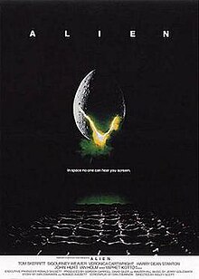 A large egg-shaped object that is cracked and emits a yellow-ish light hovers in mid-air against a black background and above a waffle-like floor. The title "ALIEN" appears in block letters above the egg, and just below it in smaller type appears the tagline "in space no one can hear you scream".[3]