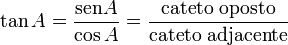  \tan A = {\mbox{sen} A \over \cos A} = {\mbox{cateto oposto} \over \mbox{cateto adjacente}}