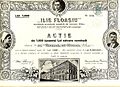 Acţiune emisă de societatea pe acţiuni „Ilie Floaşiu” din Sibiu (aprox 1938). Sunt gravate portretele lui Ilie și a soției sale Paraschiva, precum și semnăturile lor. În centru jos, este gravată imaginea casei cu magazinul deținut de Floașiu pe strada Papiu Ilarian din Sibiu.