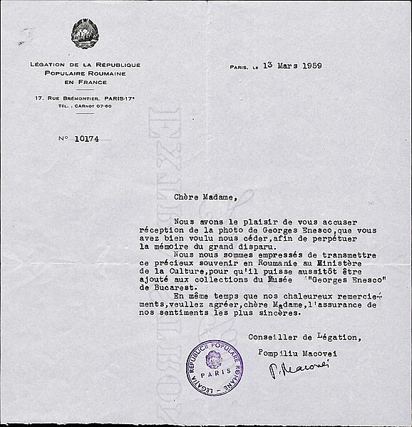 Fișier:Adresă oficială cu nr. 10.174-13 martie 1959, trimisă de către Pompiliu Macovei, consilier al Legației Republicii Populare Române în Franța, doa(...) (Documente) 2369 07.05.2018 Fond 536F4B2E0DD04F7B89565C07844BB5DB.jpg