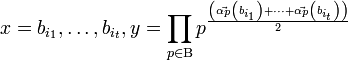 x=b_{i_1}, \dots, b_{i_t}, y=\prod_{p\isin\Beta}p^{\left({ \vec{\alpha_p}\left({b_{i_1}}\right)+\dots+\vec{\alpha_p}\left({b_{i_t}}\right) }\right) \over{2}}