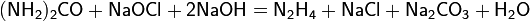 \mathsf{(NH_2)_2CO+NaOCl+2NaOH=N_2H_4+NaCl+Na_2CO_3+H_2O}