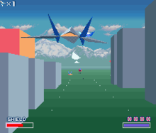 "Star Fox, первая игра, в которой использовался чип Super FX. На скриншоте представлены полигональные модели."