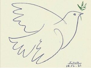 Эмблема конгресса, нарисована Пабло Пикассо. Белый голубь, несущий в клюве оливковую ветвь