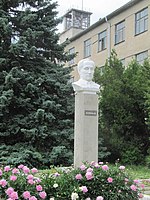 Памятник Шехурдину на фоне НИИ СХ ЮВ