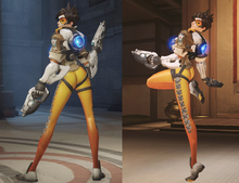 A youthful, female, Caucasian, computer-generated character holding automatic firearms and wearing orange leggings stands upright and looks over her left shoulder. In the left image she has both feet on the ground and is viewed from the back while in the right image she stands on her left leg with her right leg raised and placed beneath her buttock.
