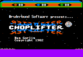 The title screen of the Apple II game Choplifter