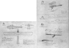 Чертежи проекций планёров А-1 (1904), А-2 (1904-1905), А-3 (1908), А-4 (1913)
