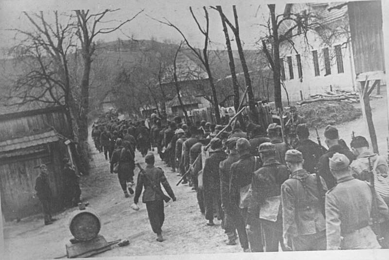 Datoteka:Jedinice Huske Miljkovića ulaze u Cazin 1944.jpg