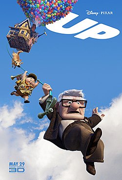 A house is hovering in the air, lifted by balloons. A dog, a boy, and an old man hang beneath on a garden hose. "UP" is written in the top right corner.