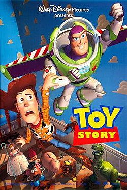 Film poster showing a toy cowboy anxiously holding onto a smiling toy astronaut (with wings) as he flies in a kid's room. Below them sitting on a bed are various smiling toys watching the pair, including a Mr. Potato Head, a piggy bank, and a toy dinosaur. In the lower right center of the image is the film's title. The background shows the cloud wallpaper featured in the bedroom.