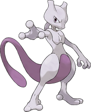 A large white and purple creature standing upright with its right arm outstretched towards the viewer. It has a feline-shaped head, long purple tail and stomach, enlarged thighs, three fingers, and two toes.