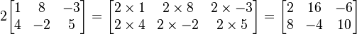 2
  \begin{bmatrix}
    1 & 8 & -3 \\
    4 & -2 & 5
  \end{bmatrix}
=
  \begin{bmatrix}
    2\times 1 & 2\times 8 & 2\times -3 \\
    2\times 4 & 2\times -2 & 2\times 5
  \end{bmatrix}
=
  \begin{bmatrix}
    2 & 16 & -6 \\
    8 & -4 & 10
  \end{bmatrix}
