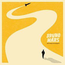 The silhouette of a rocket is shown flying away through a yellow background, leaving behind a trail on which the silhouette of a fedora-wearing man is walking. The words "Bruno Mars", in beige capital font, and "Doo-Wops & Hooligans", in lower case black font, are printed to the right.
