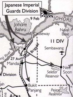 Японське вторгнення в Кранджі в лютому 1942 року. Стрілки показують атаки японських сил.