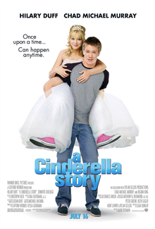 A teenage boy and a teenage girl standing in front of a white background. The boy wears a gray shirt with black sleeves, blue jeans and black sneakers with white shoelaces. The girl, being carried on his back, wears a white tiara, white ball gown and pink-and-white sneakers with white shoelaces. On their image, the text „A Cinderella Story“ is written in blue print, with the phrase „Once upon a time… can happen anytime“ written in black print to their right.