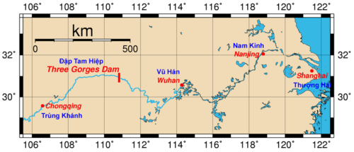 Vị trí của đập Tam Hiệp và các thành phố chính trên sông Dương Tử.