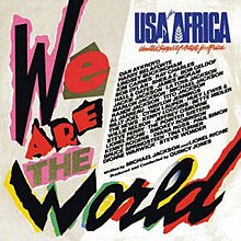 Bìa album với dòng chữ "We Are the World" chạy dọc bên trái và dưới theo phong cách giấy bồi. Phía trên bên phải bìa đĩa là dòng chữ "USA for Africa" màu xanh, dưới đó là tên các nghệ sĩ được liệt kê trên nền trắng.