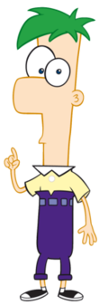 alt=A cartoon of a young, british boy with green hair. He has a long, rectangular head with a squared nose and egg-like eyes. He is wearing a collared shirt with purple pants that go up well above his waist. arm is up in the air, with his index finger up, and the other is to his side. His pants are cuffed and he is wearing black and white converses.