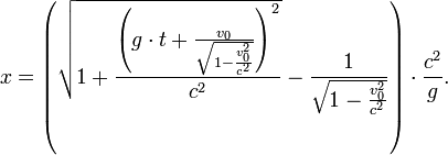 x = \left( \sqrt{1 + \frac{\left(g \cdot t + \frac{v_0}{\sqrt{1-\frac{v_0^2}{c^2}}}\right)^2}{c^2}} -\frac{1}{ \sqrt{1 - \frac{v_0^2}{c^2}}} \right) \cdot \frac {c^2}{g}.