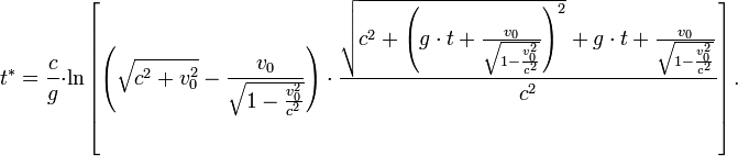 t^*=\frac{c}{g} \cdot \ln \left[ \left(\sqrt{c^2 + v_0^2} - \frac{v_0}{\sqrt{1-\frac{v_0^2}{c^2}}} \right) \cdot \frac{\sqrt{c^2 + \left(g \cdot t + \frac{v_0}{\sqrt{1-\frac{v_0^2}{c^2}}}\right)^2} + g \cdot t + \frac{v_0}{\sqrt{1-\frac{v_0^2}{c^2}}}}{c^2} \right].