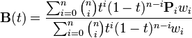 \mathbf{B}(t) =
\frac{
\sum_{i=0}^n {n \choose i} t^i (1-t)^{n-i}\mathbf{P}_{i}w_i
}
{
\sum_{i=0}^n {n \choose i} t^i (1-t)^{n-i}w_i
}