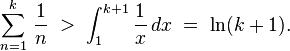 \sum_{n=1}^k \, \frac{1}{n} \;>\; \int_1^{k+1} \frac{1}{x}\,dx \;=\; \ln(k+1).