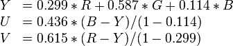 \begin{array}{rll}Y &= 0.299 * R + 0.587 * G + 0.114 * B \\U &= 0.436 * (B - Y) / (1 - 0.114) \\V &= 0.615 * (R - Y) / (1 - 0.299)\end{array}