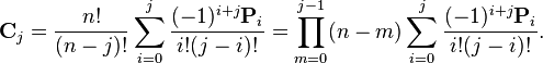
\mathbf{C}_j = \frac{n!}{(n - j)!} \sum_{i = 0}^j \frac{(-1)^{i + j} \mathbf{P}_i}{i! (j - i)!} =
\prod_{m = 0}^{j - 1} (n - m) \sum_{i = 0}^j \frac{(-1)^{i + j} \mathbf{P}_i}{i! (j - i)!}
.